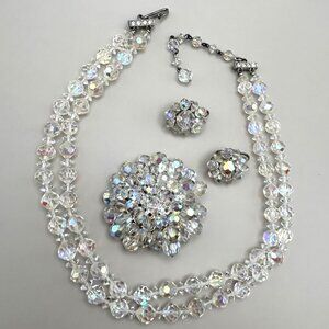 Vintage Aurora Borealis Crystal 3pc Set Necklace Brooch Earrings Bridal Prom